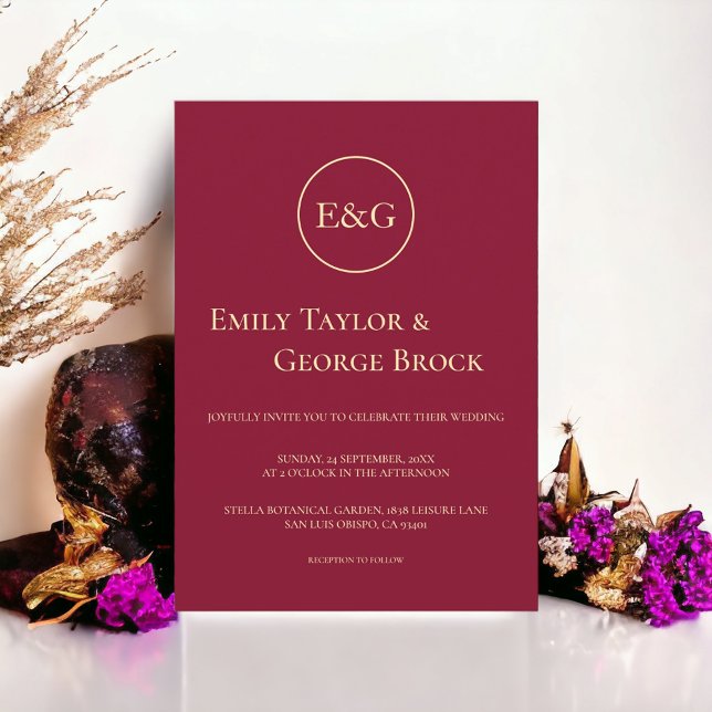 Minimal Burgundy Gold Luxury Monogram Chic Wedding Invitation (Creator Uploaded)