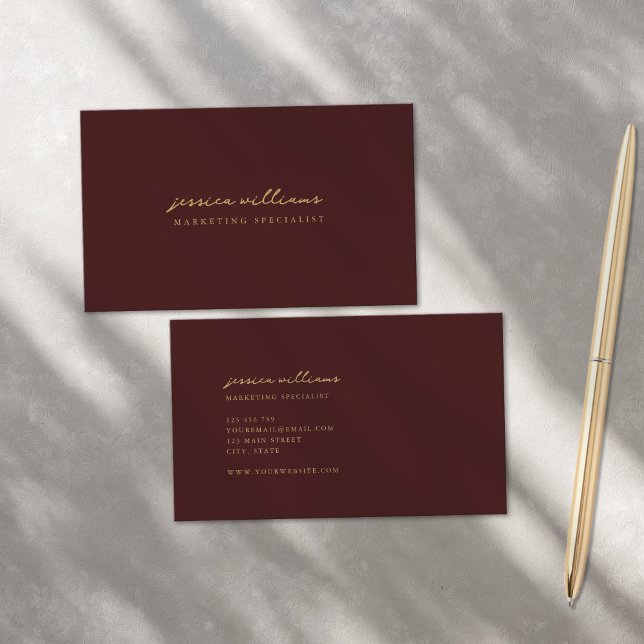 Minimal Burgundy Gold Script Business Card (Creator Uploaded)