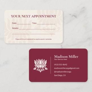 Minimal Burgundy Lotus Floral Yoga Wellness Appointment Card