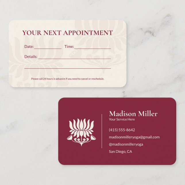Minimal Burgundy Lotus Floral Yoga Wellness Appointment Card (Front/Back)
