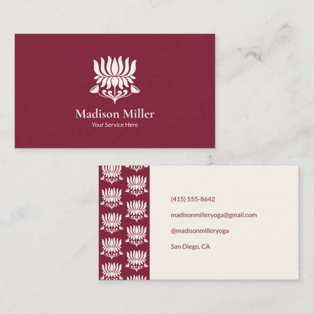 Minimal Burgundy Lotus Floral Yoga Wellness Business Card (Front/Back)
