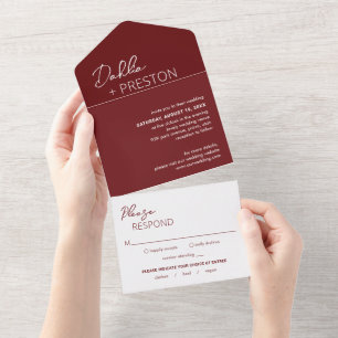 Minimal Burgundy Modern Wedding All In One Invitation