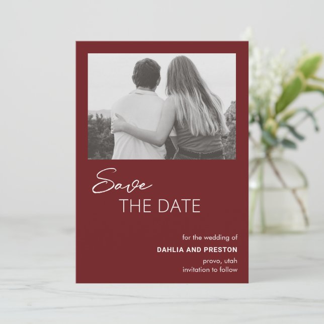 Minimal Burgundy Photo Modern Wedding Save The Date (Standing Front)