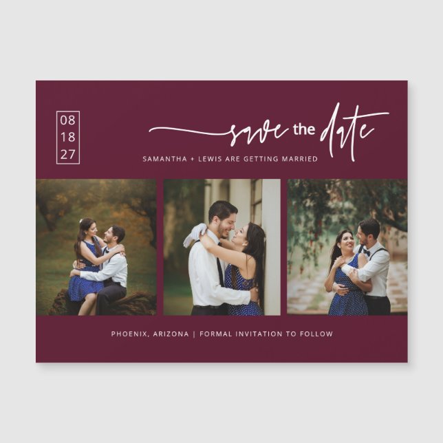 Minimal Burgundy Photo Save the Date Magnetic Card (Front)