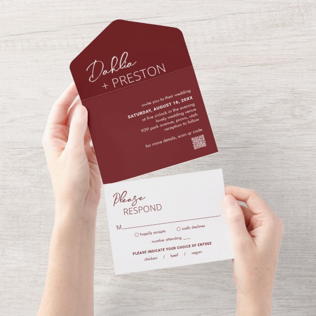 Minimal Burgundy QR Code Modern Wedding All In One Invitation (Tearaway)