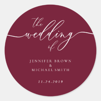 Minimal Burgundy RED Wedding Classic Round Sticker