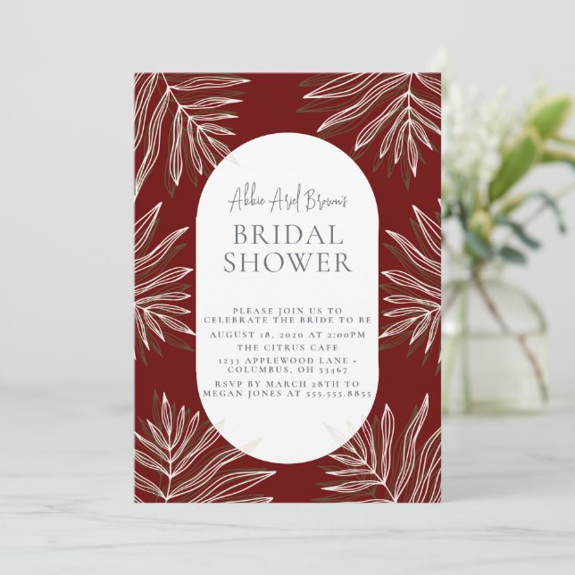 Minimal Burgundy Text Script Boho Bridal Shower Invitation (Standing Front)