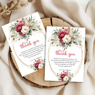 Minimal Burgundy White Gold Floral Baby Shower  Thank You Card