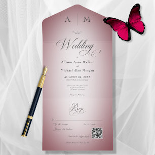Minimal Burgundy Wine & White Blur Modern QR Code All In One Invitation