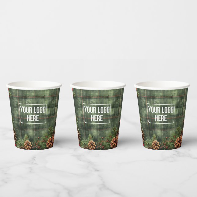 Minimal Business Logo Christmas Holiday Plaid Paper Cups (Multi)