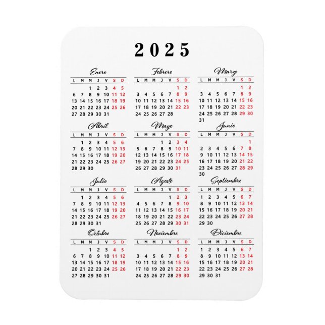 Minimal Calendar 2025 in Spanish White Black Red Magnet (Vertical)