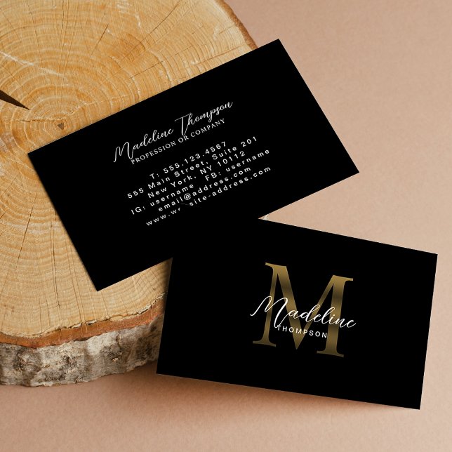 Minimal Calligraphy Black Metallic Gold Monogram Business Card (Creator Uploaded)