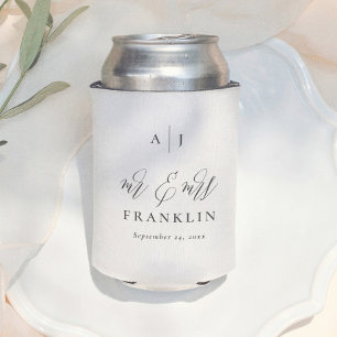 Minimal Calligraphy Mr & Mrs Monogram Wedding Can Cooler