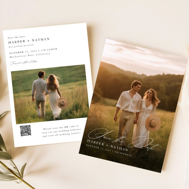 Minimal Calligraphy Photo Wedding QR Code Save The Date (Creator Uploaded)