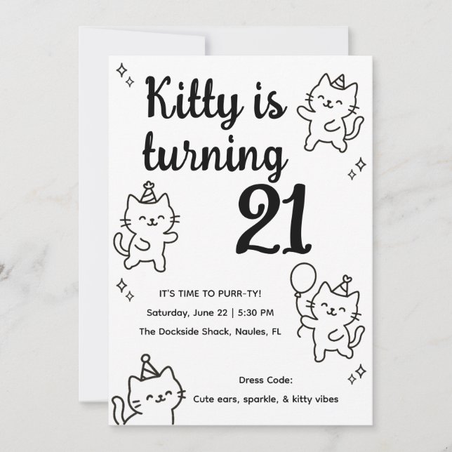 Minimal Cat Doodle Birthday Invitation (Front)