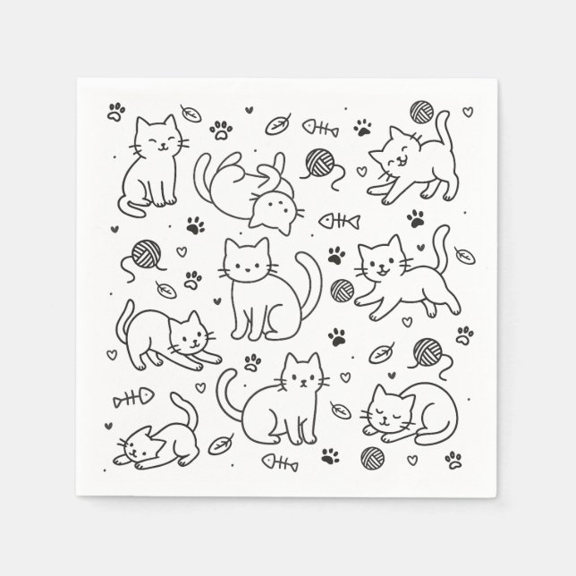 Minimal Cat Doodle Paper Napkin (Front)