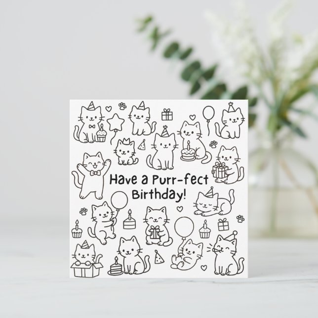 Minimal Cat Doodle Puuny Birthday Card (Standing Front)