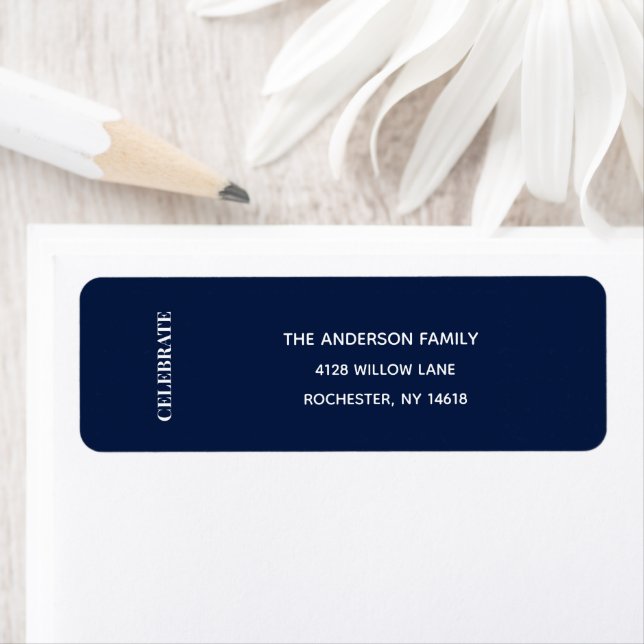 Minimal CELEBRATE | Navy Blue Holiday Address Return Address Label (Insitu)