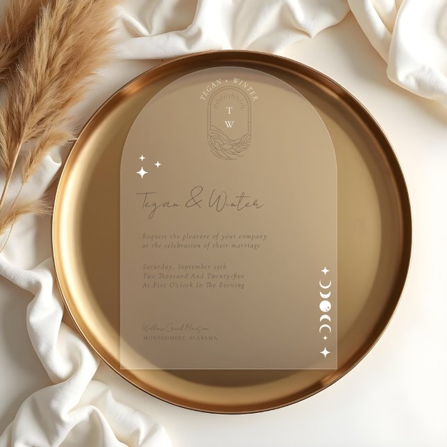 Minimal Celestial Boho Moon & Stars Arch Wedding Acrylic Invitations (Minimal Celestial Holistic Boho Moon & Stars Arch Acrylic Invitations)