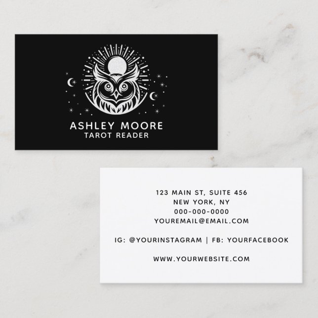 Minimal Celestial Owl Black & White Tarot Reader Business Card (Front/Back)