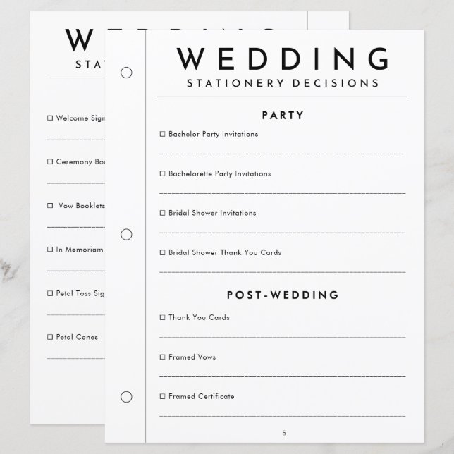 Minimal Ceremony Wedding Stationery Binder Page (Front/Back)