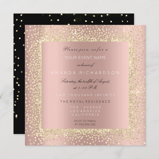 Minimal Champaigne Gold Black Confetti Rose Blush Invitation (Front/Back)