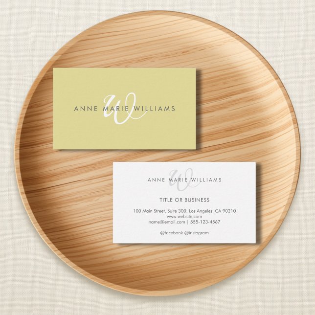 Minimal Chartreuse White Script Monogram Business Card (Creator Uploaded)