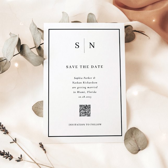 Minimal Chic Black and White QR Code Save the Date Magnetic Invitation (An elegant, black and white magnetic save the date card with scannable QR code)