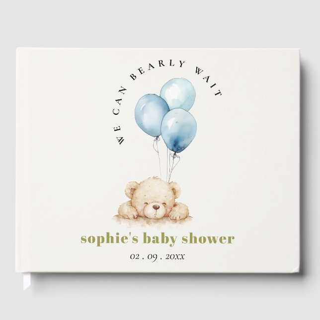  Minimal Chic Blue Bearly Wait Balloon Baby Shower Guest Book (Front)