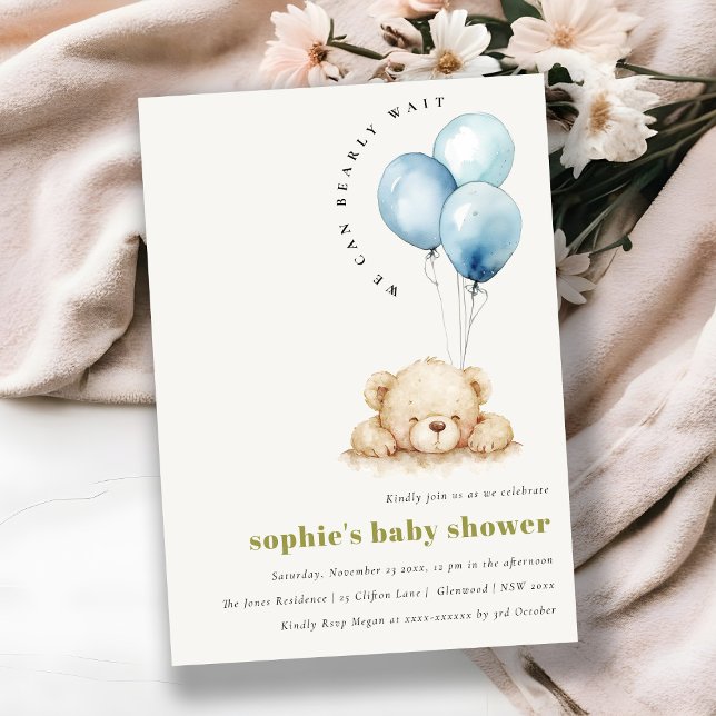 Minimal Chic Blue Bearly Wait Balloon Baby Shower Invitation (Creator Uploaded)