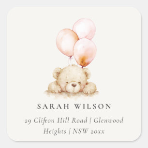  Minimal Chic Blush Bearly Wait Balloon Address Square Sticker