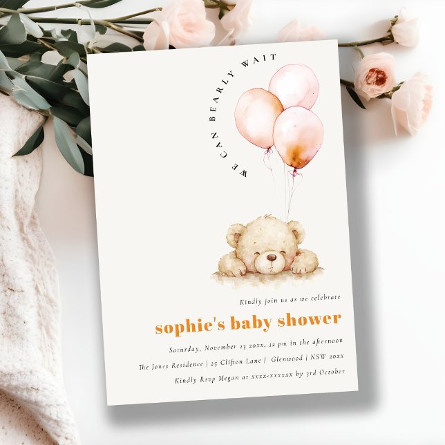 Minimal Chic Blush Bearly Wait Balloon Baby Shower Invitation (Creator Uploaded)
