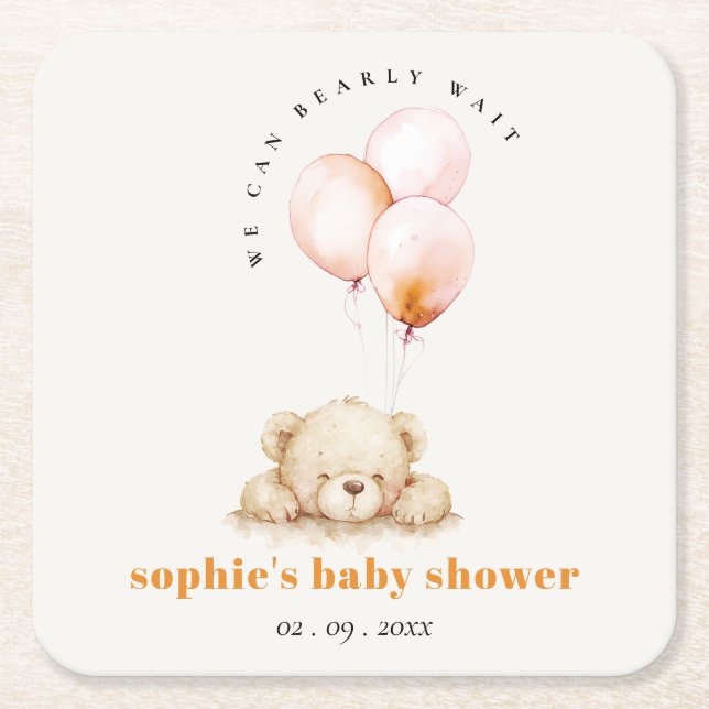 Minimal Chic Blush Bearly Wait Balloon Baby Shower Square Paper Coaster (Front)