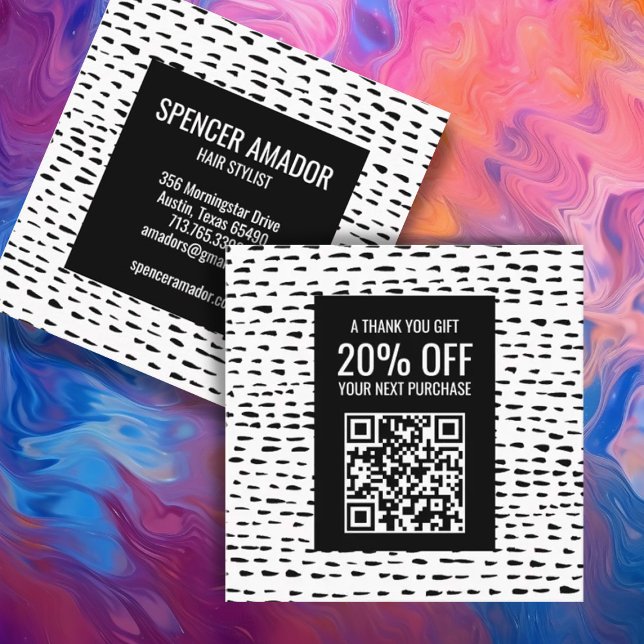 Minimal Chic Dashes Dots Black & White QR CODE  Discount Card (Creator Uploaded)