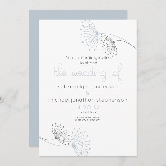 Minimal Chic Dusty Blue and Charcoal  Flowers Invitation (Front/Back)