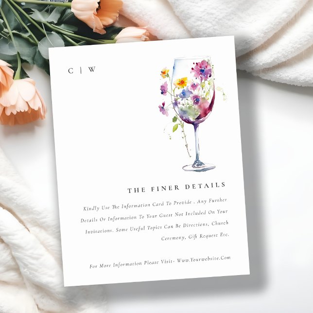 Minimal Chic Floral Wine Glass Wedding Details Enclosure Card (Creator Uploaded)