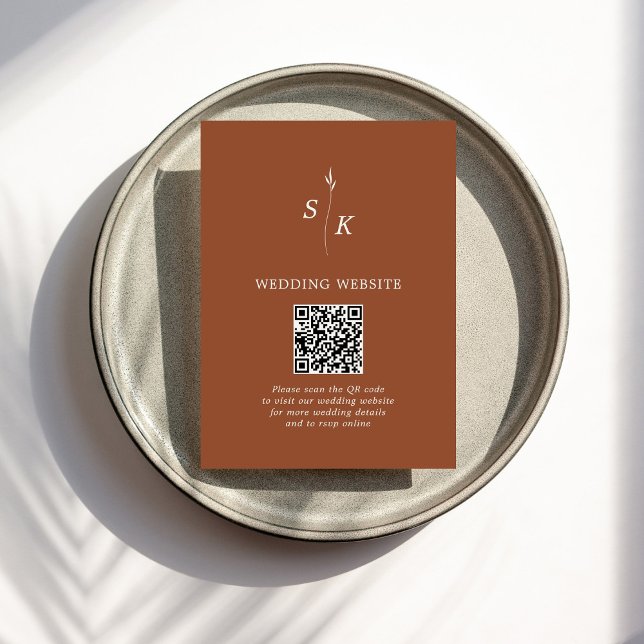 Minimal Chic Leaf Monogram Wedding Website QR Code Enclosure Card (Creator Uploaded)