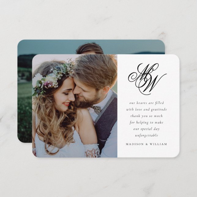 Minimal Chic Monogram 2 Photo Wedding Thank You Card (Front/Back)