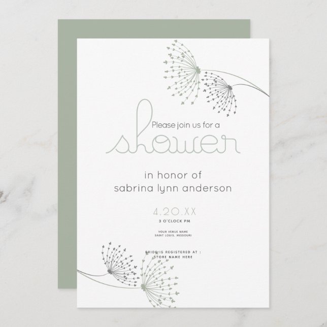 Minimal Chic Sage Green and Charcoal  Flowers Invitation (Front/Back)