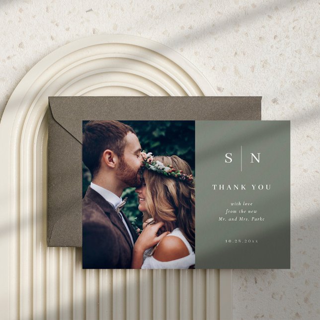 Minimal Chic | Sage Green Photo Thank You Postcard (This wedding thank you card in trendy sage green features your photo plus lots of room for a message)
