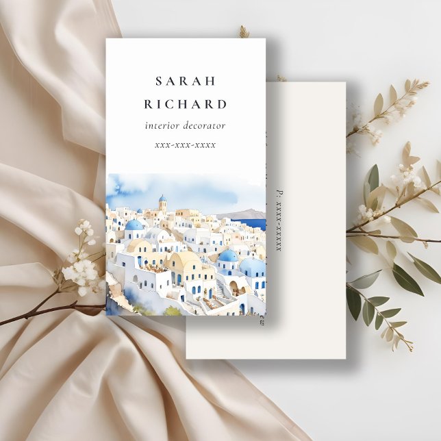 Minimal Chic Santorini Greece Watercolor  Business Card (Creator Uploaded)