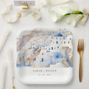 Minimal Chic Santorini Greece Watercolor Wedding Paper Plate