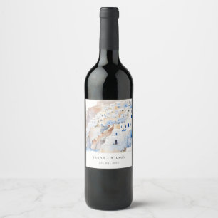 Minimal Chic Santorini Greece Watercolor Wedding Wine Label