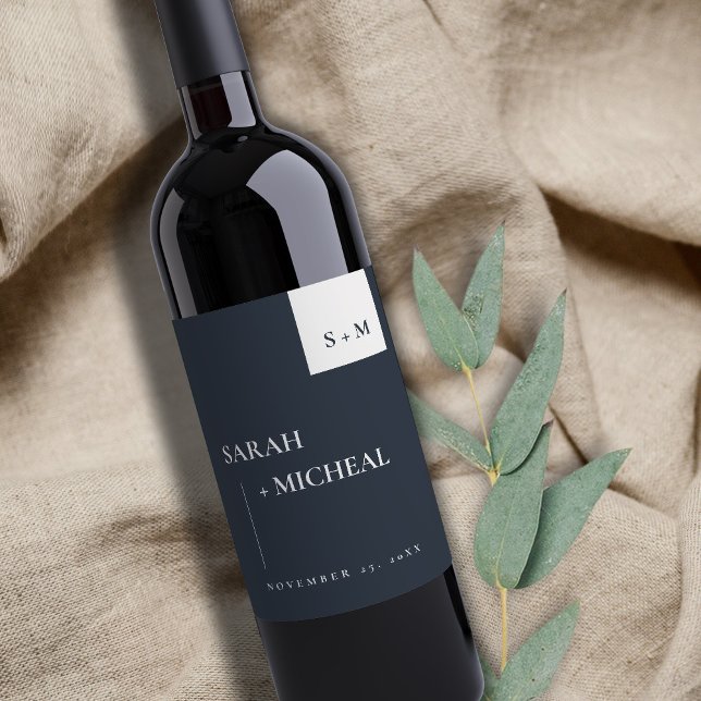 MINIMAL CHIC SCANDI BLACK & WHITE MONOGRAM WEDDING WINE LABEL (Creator Uploaded)