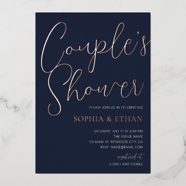 Minimal Chic Script Navy Blue Couples Shower (Front)