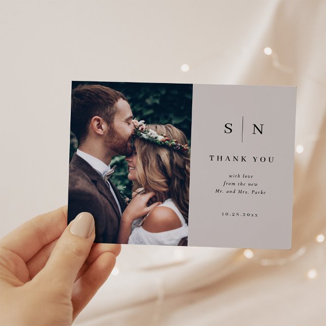 Minimal Chic | Soft Gray and Black Photo Thank You Postcard (A simple and elegant soft gray save the date card with your monogram and photo.)
