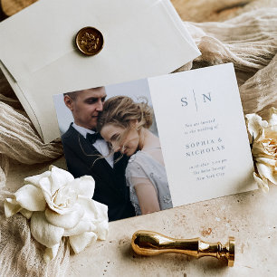 Minimal Chic White and Dusty Blue Photo Wedding Invitation