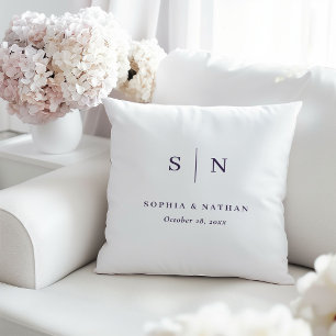 Minimal Chic White and Purple Wedding Monogram Cushion