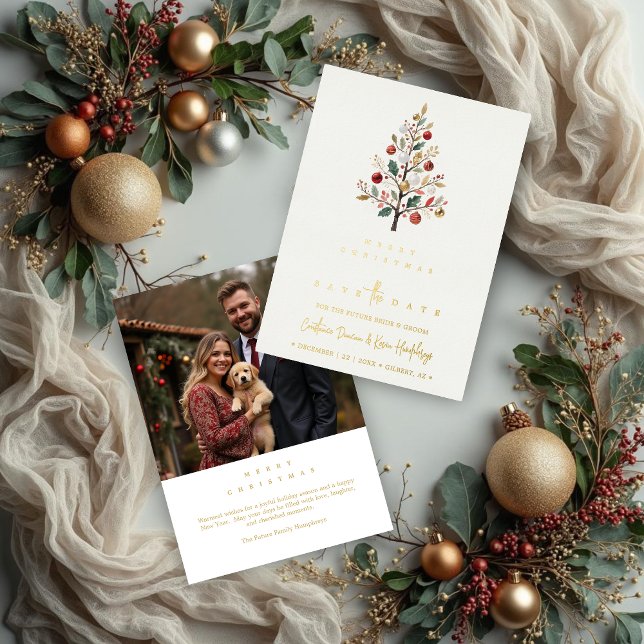 Minimal Chic Winter Christmas Tree Wedding Save Foil Holiday Card (Minimalist Chic Winter Christmas Tree Wedding Save the Date Holiday Card with Back Photo.)