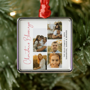 Minimal Christmas Blessings Script Family 5 Photos Metal Ornament